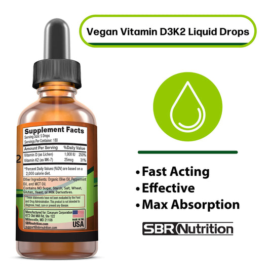 Dropper dispensing a dose of vegan D3 + K2 liquid drops