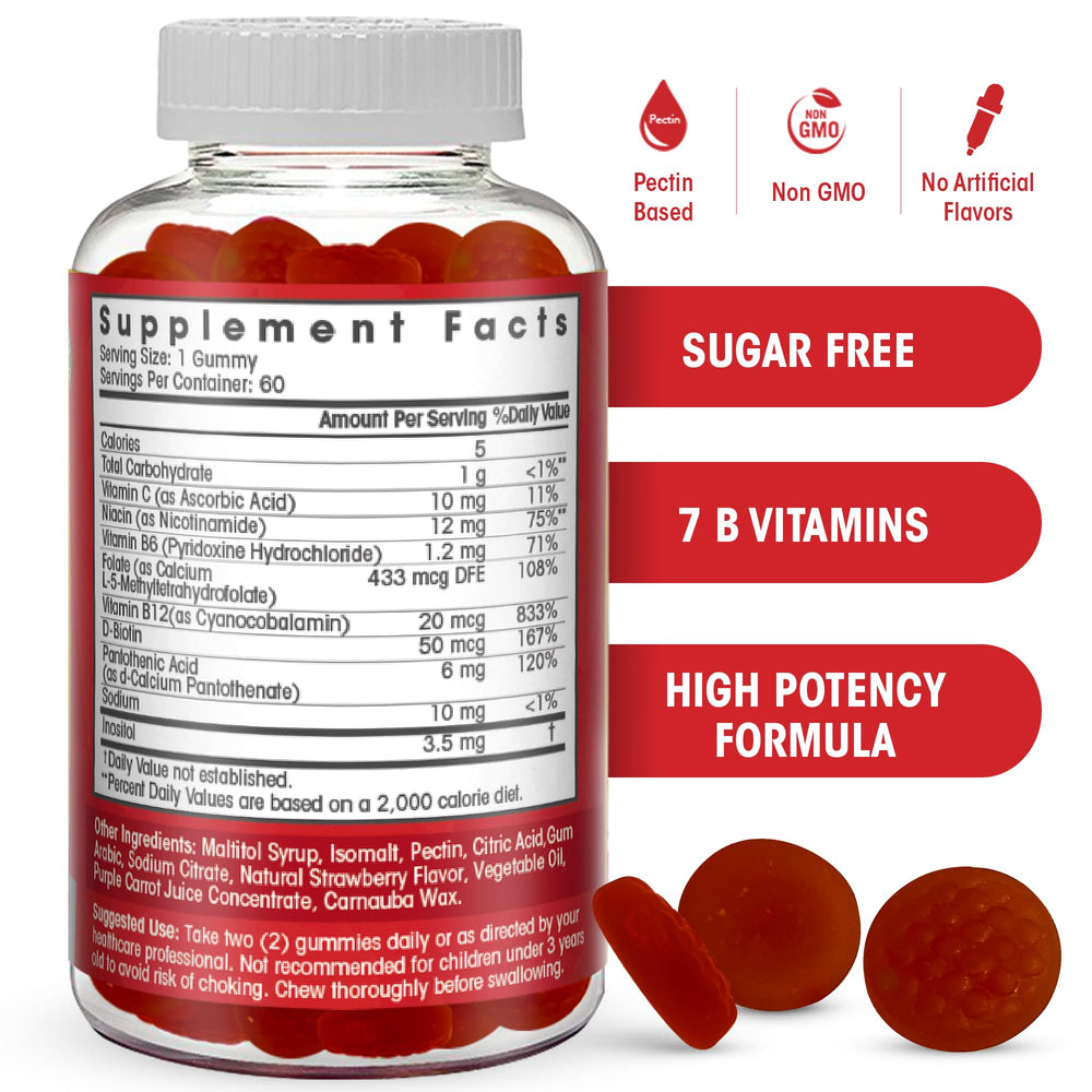 Vegan-friendly B Complex Gummies made with fruit-based pectin, strawberry flavor