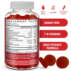 Vegan-friendly B Complex Gummies made with fruit-based pectin, strawberry flavor
