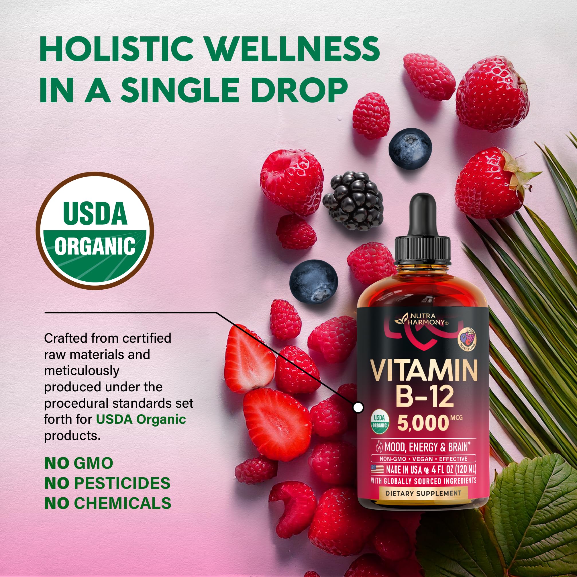 Vegan-friendly liquid B12 5000 mcg drops in bottle