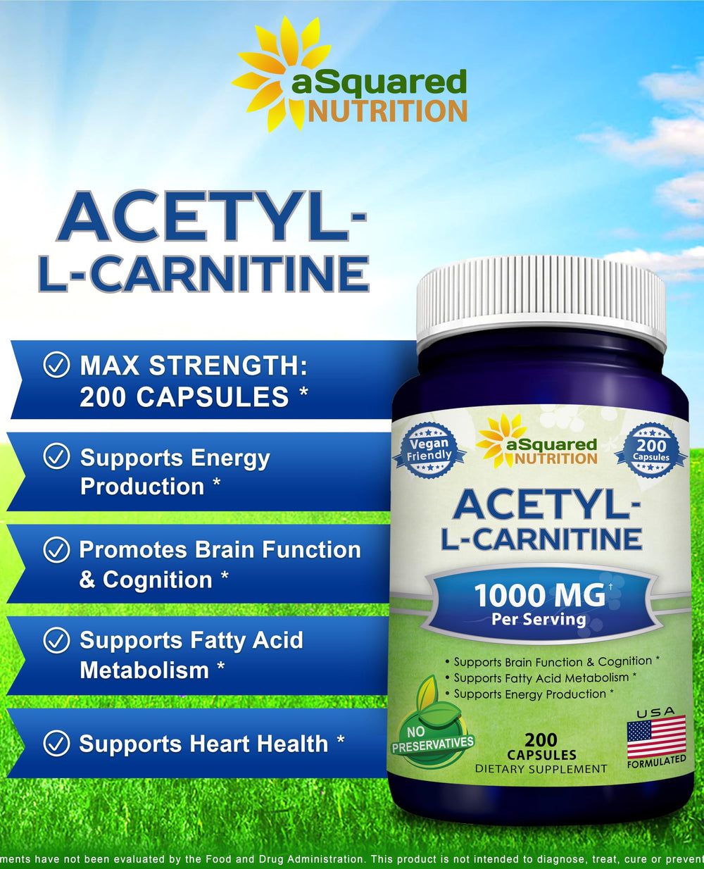 Vegan-friendly formula label for Acetyl L-Carnitine 1000mg