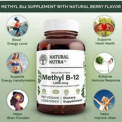 Amber glass bottle of vegan gluten-free B12 lozenges