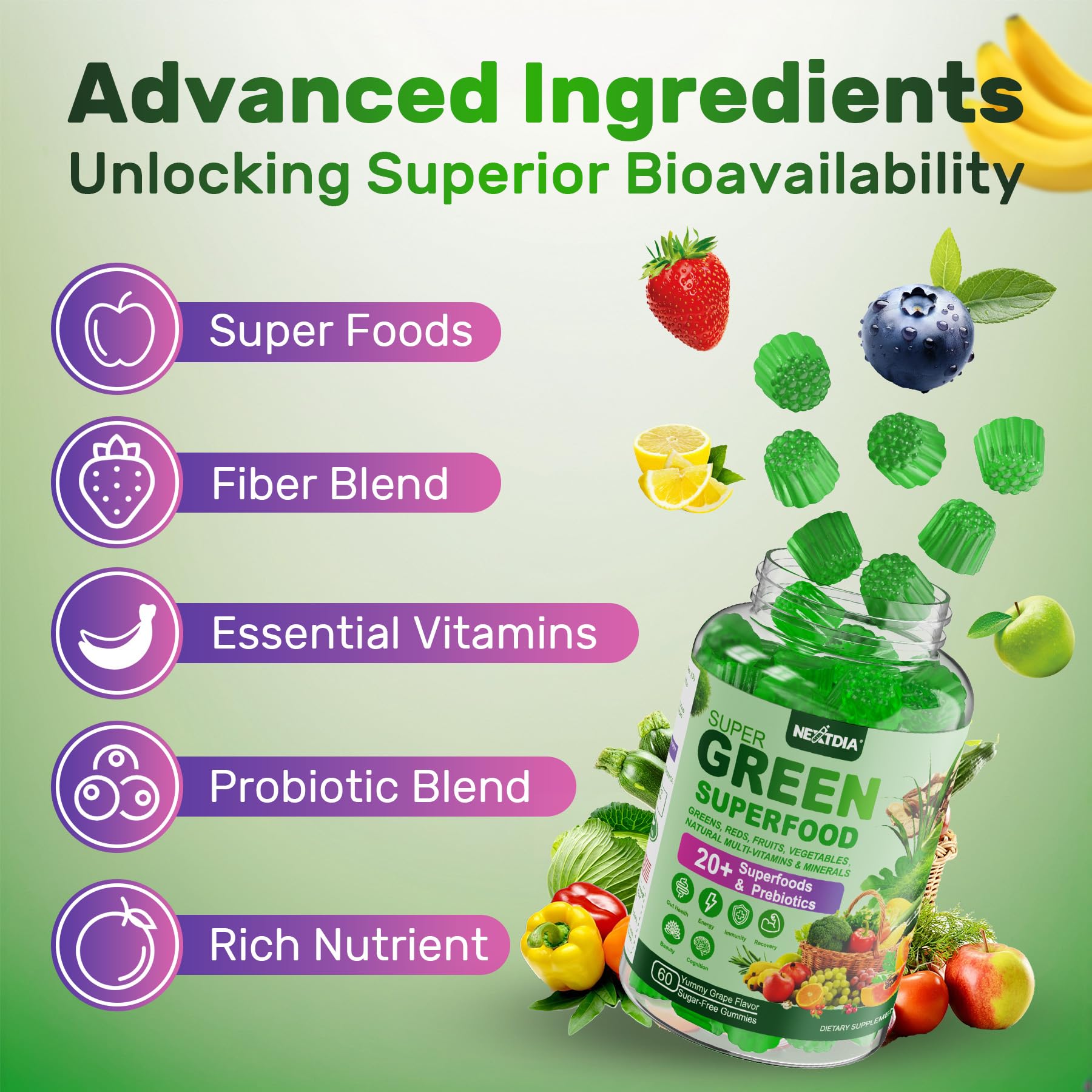 Icons indicating vegan, Non-GMO, gluten-free, dairy-free, and sugar-free