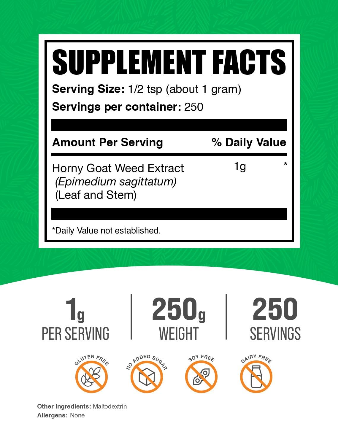 Vegan and gluten-free Horny Goat Weed powder 250g packaging