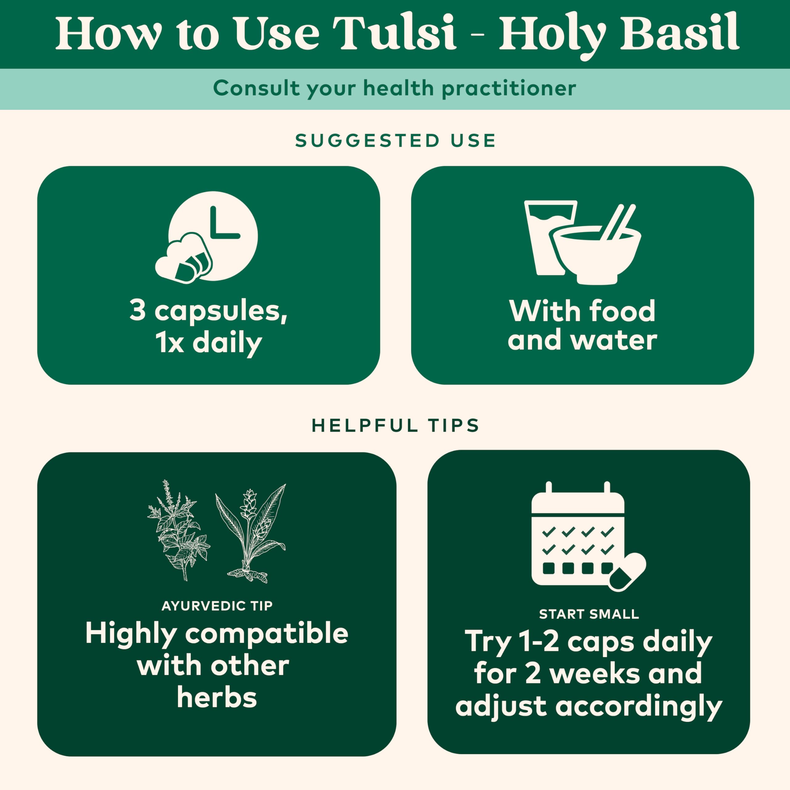 Vegan, gluten-free, kosher Organic Tulsi capsules packaging