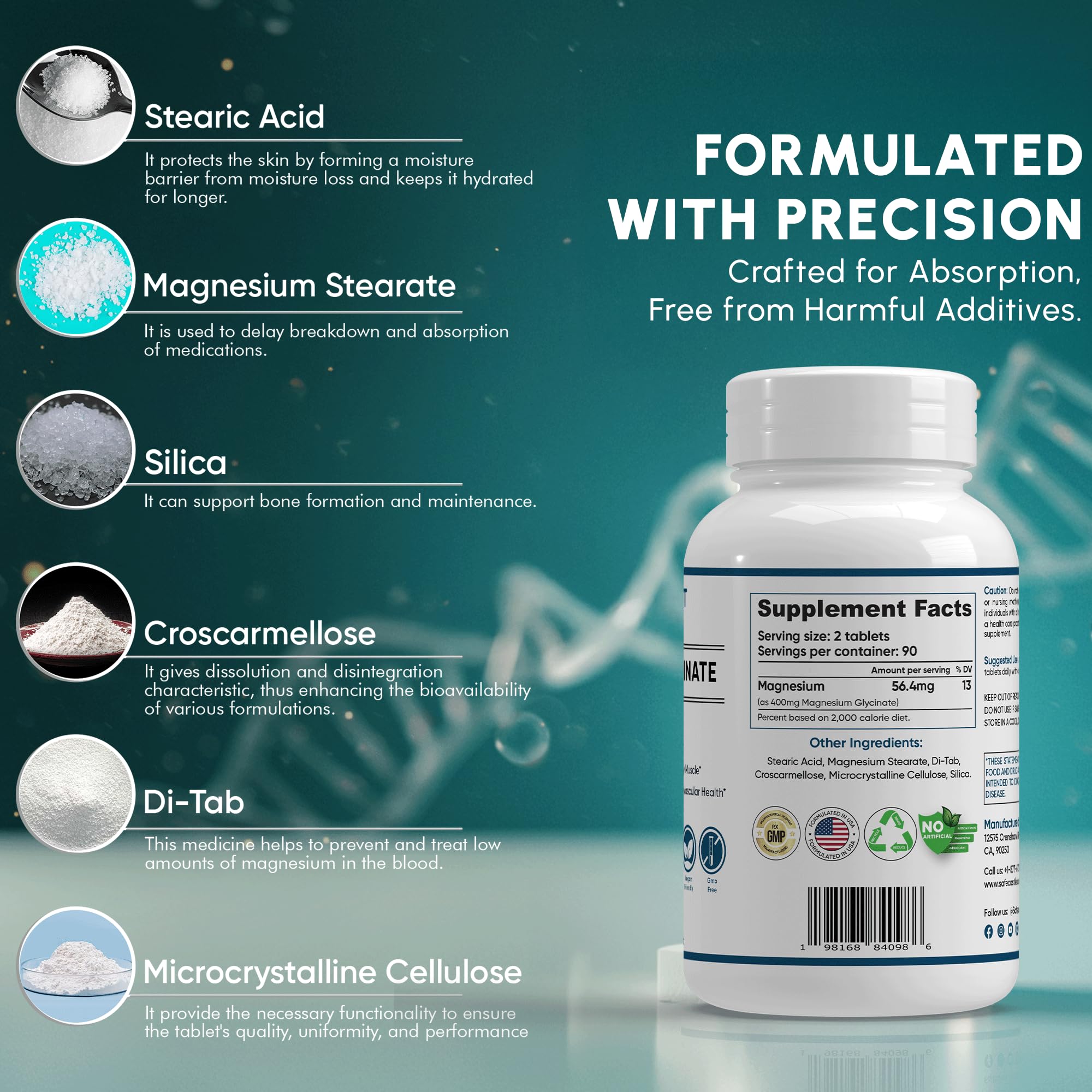Vegan-friendly and gluten-free magnesium glycinate capsules