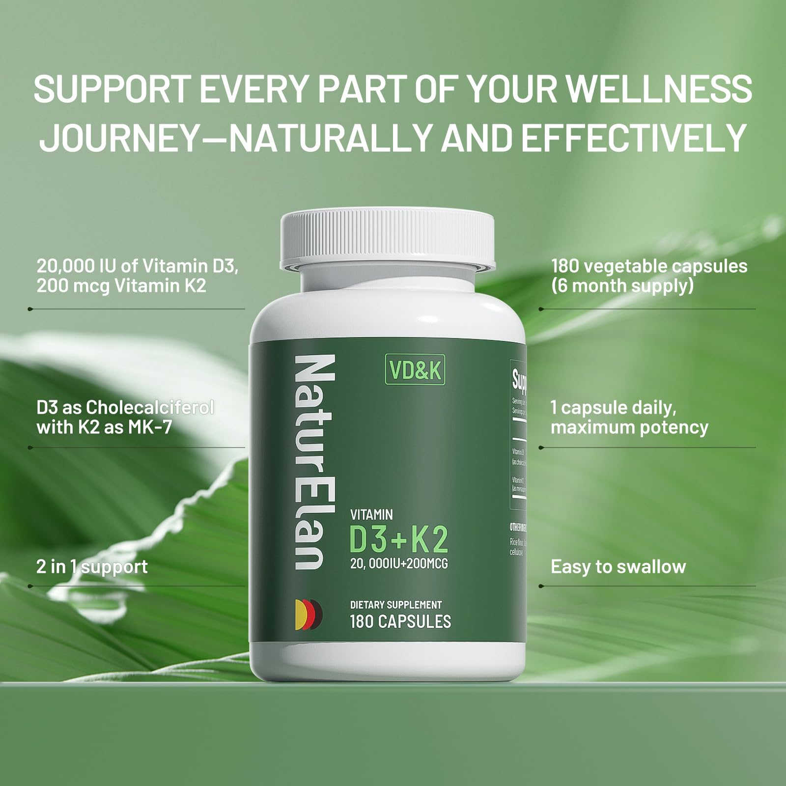 Vegan, gluten-free, non-GMO D3 K2 capsules