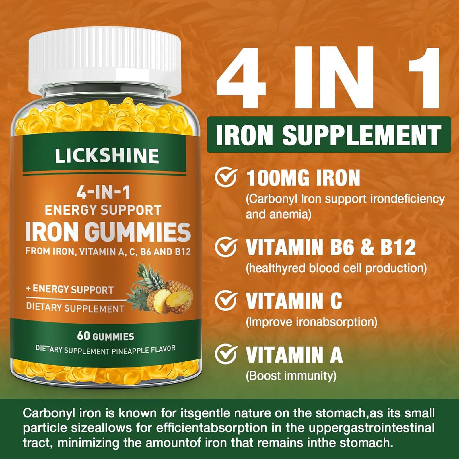 Vegan iron supplement gummies pineapple flavor 120 count