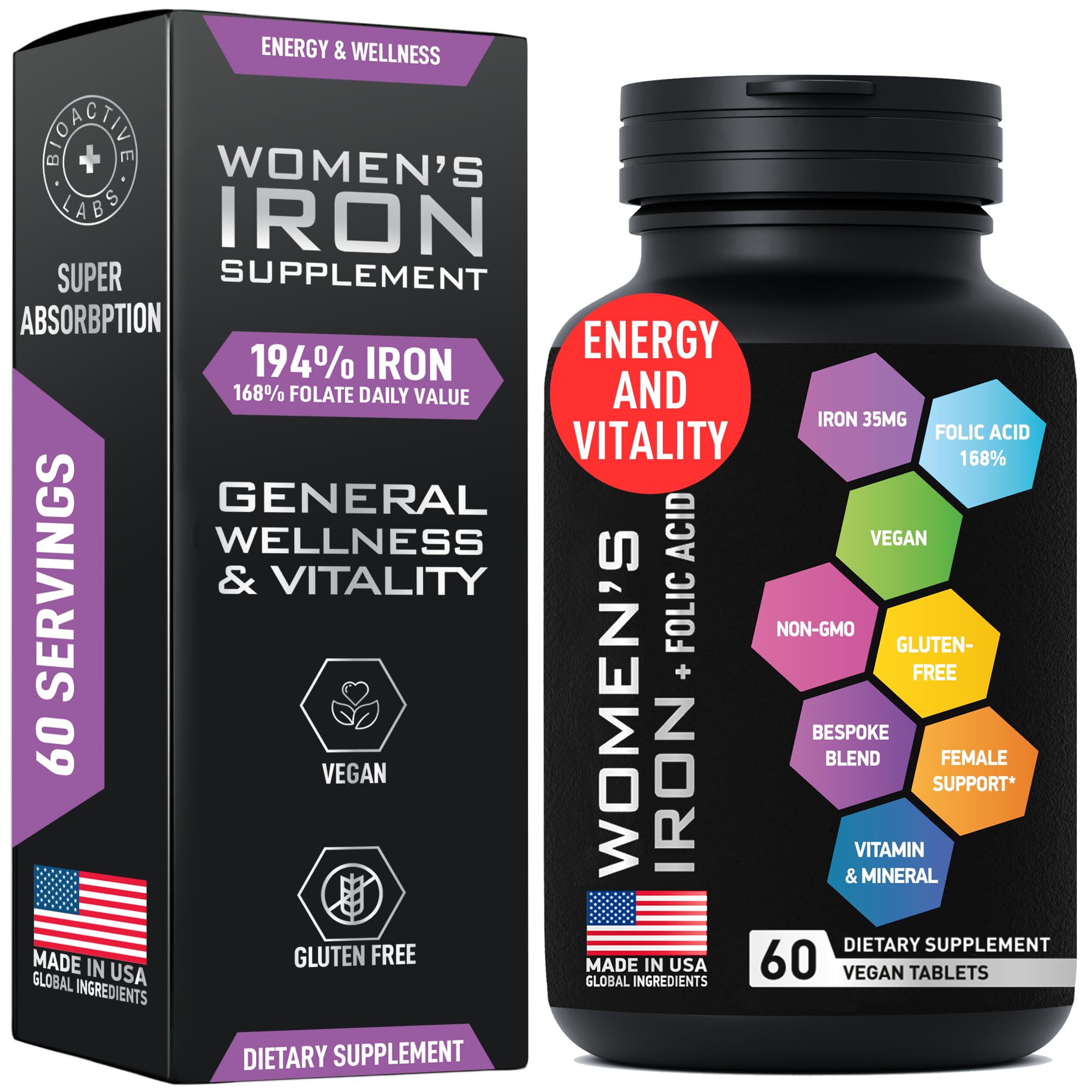 Vegan iron supplement bottle for women with folic acid