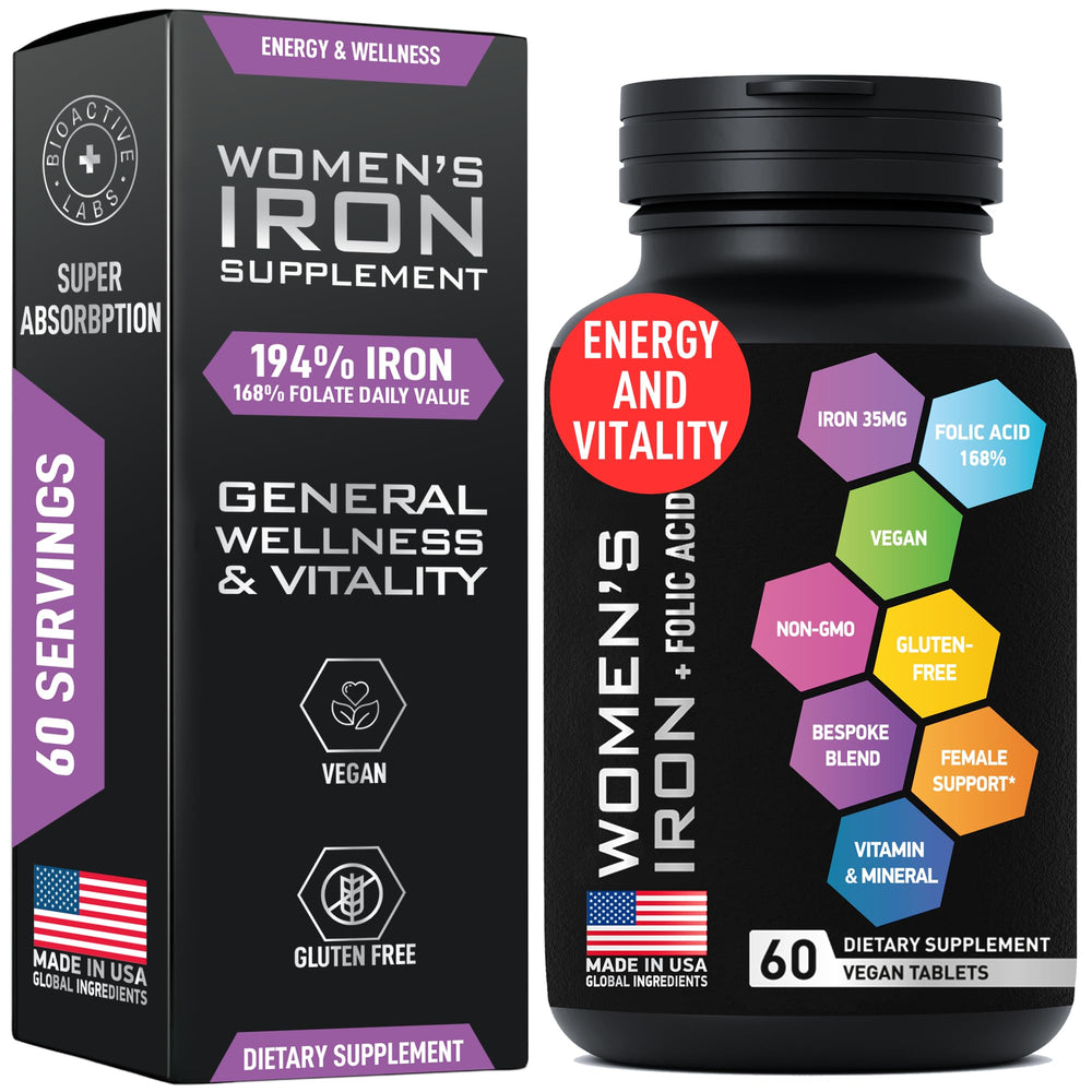 Vegan iron supplement bottle for women with folic acid