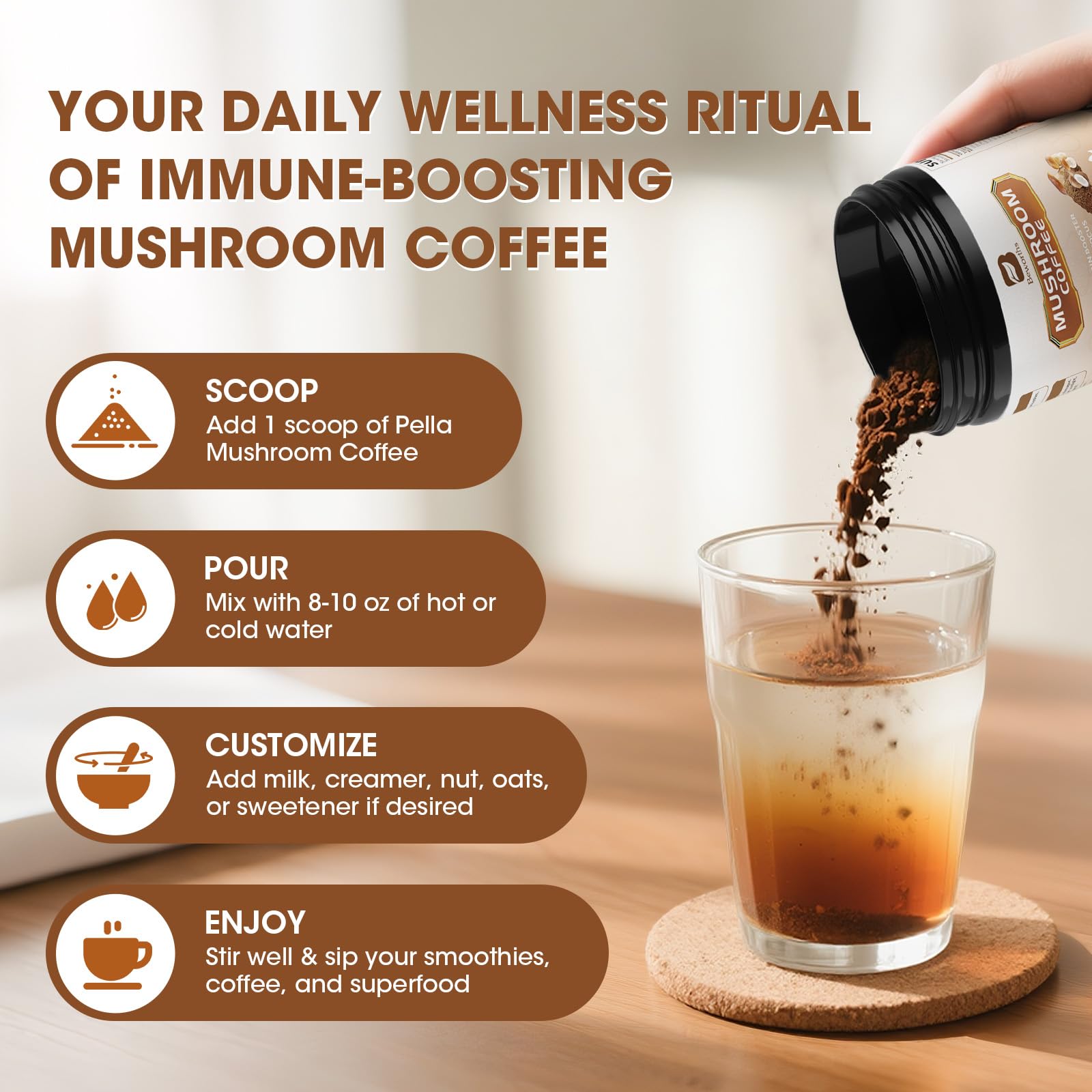 Vegan and keto-friendly mushroom coffee powder