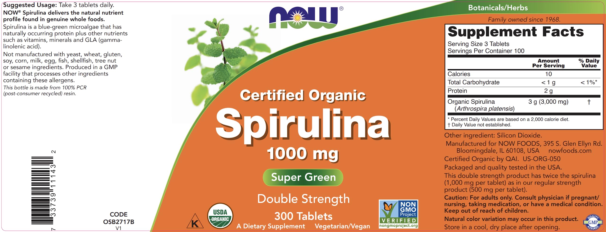 Vegan and kosher spirulina supplement by NOW