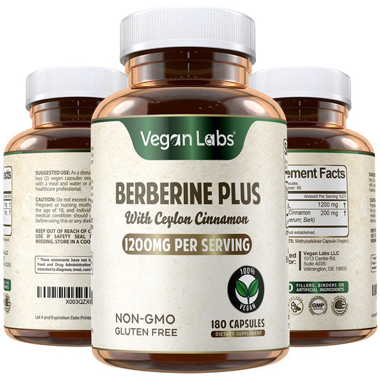 Hero image: Vegan Labs Berberine HCL 1200MG with Organic Ceylon Cinnamon bottle