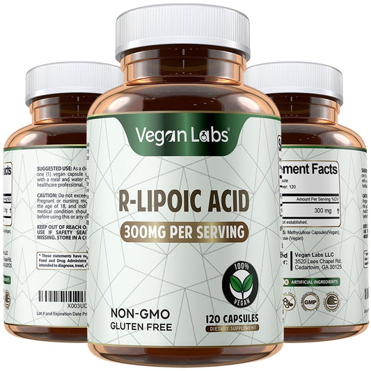 Vegan Labs R-Lipoic Acid 300mg bottle with 120 vegan capsules