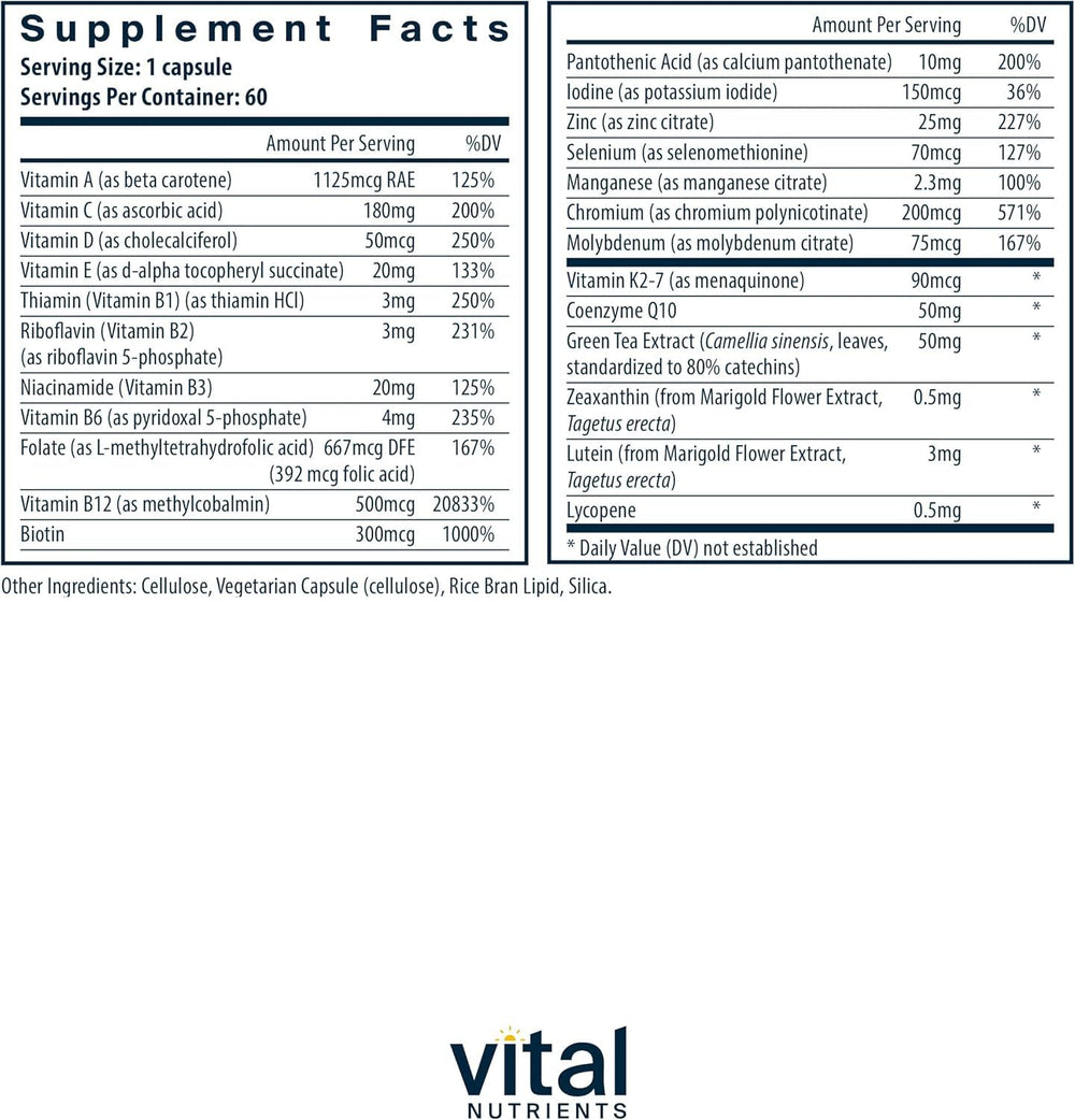 Ingredients panel showing vegan formula for men and women