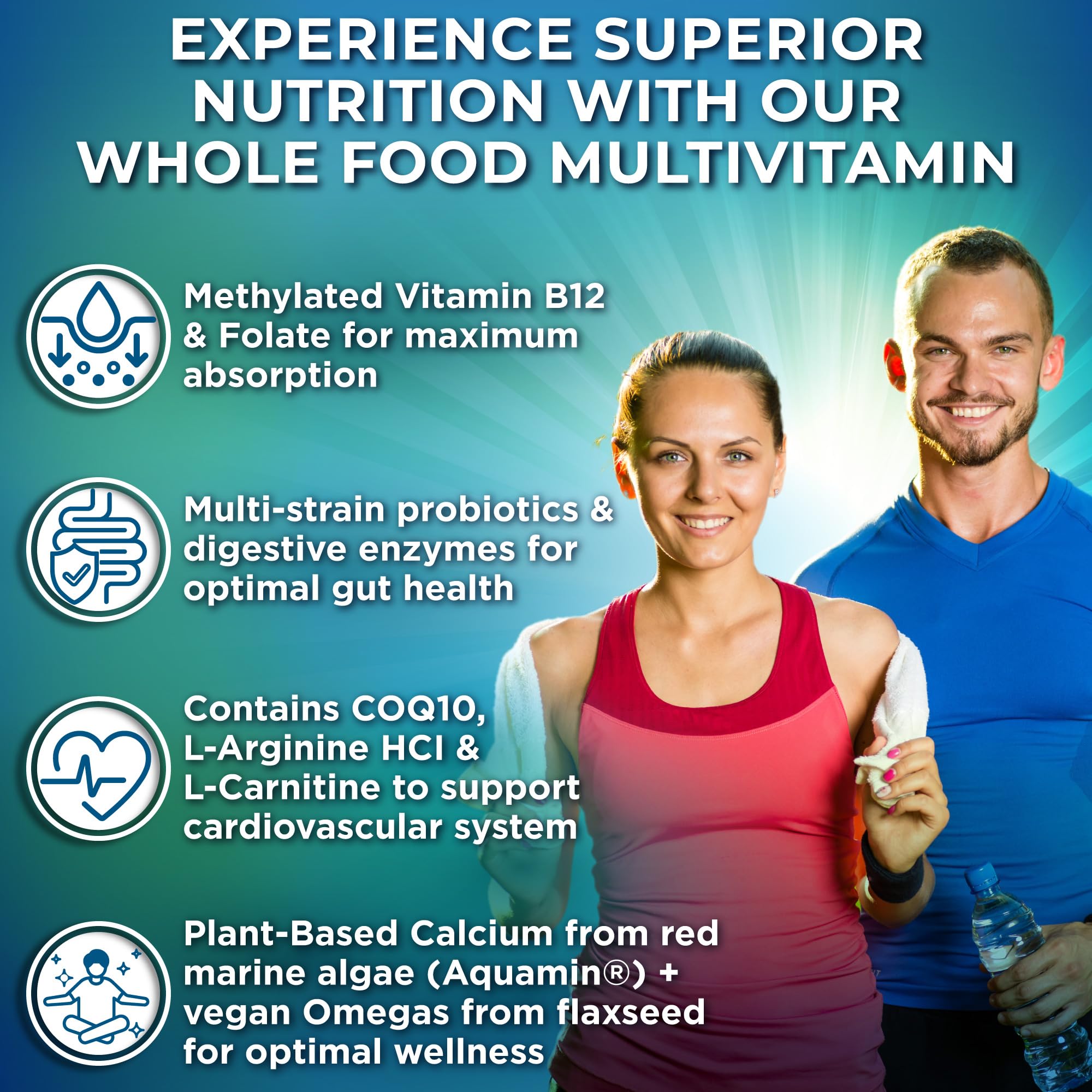 Multivitamin product label highlighting Non-GMO and natural ingredients