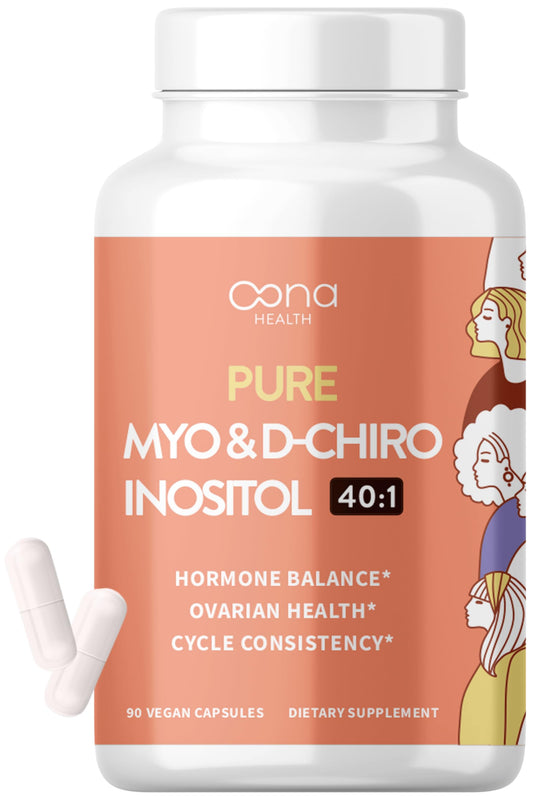 Bottle of vegan Myo-Inositol & D-Chiro Inositol supplement with label