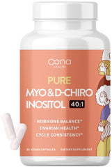 Bottle of vegan Myo-Inositol & D-Chiro Inositol supplement with label