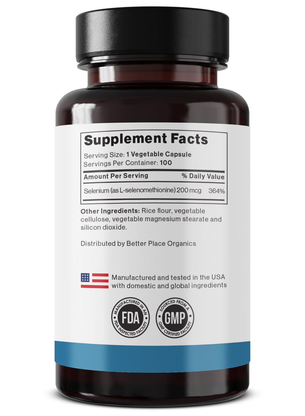 Vegan and Non-GMO selenium capsules in a bottle