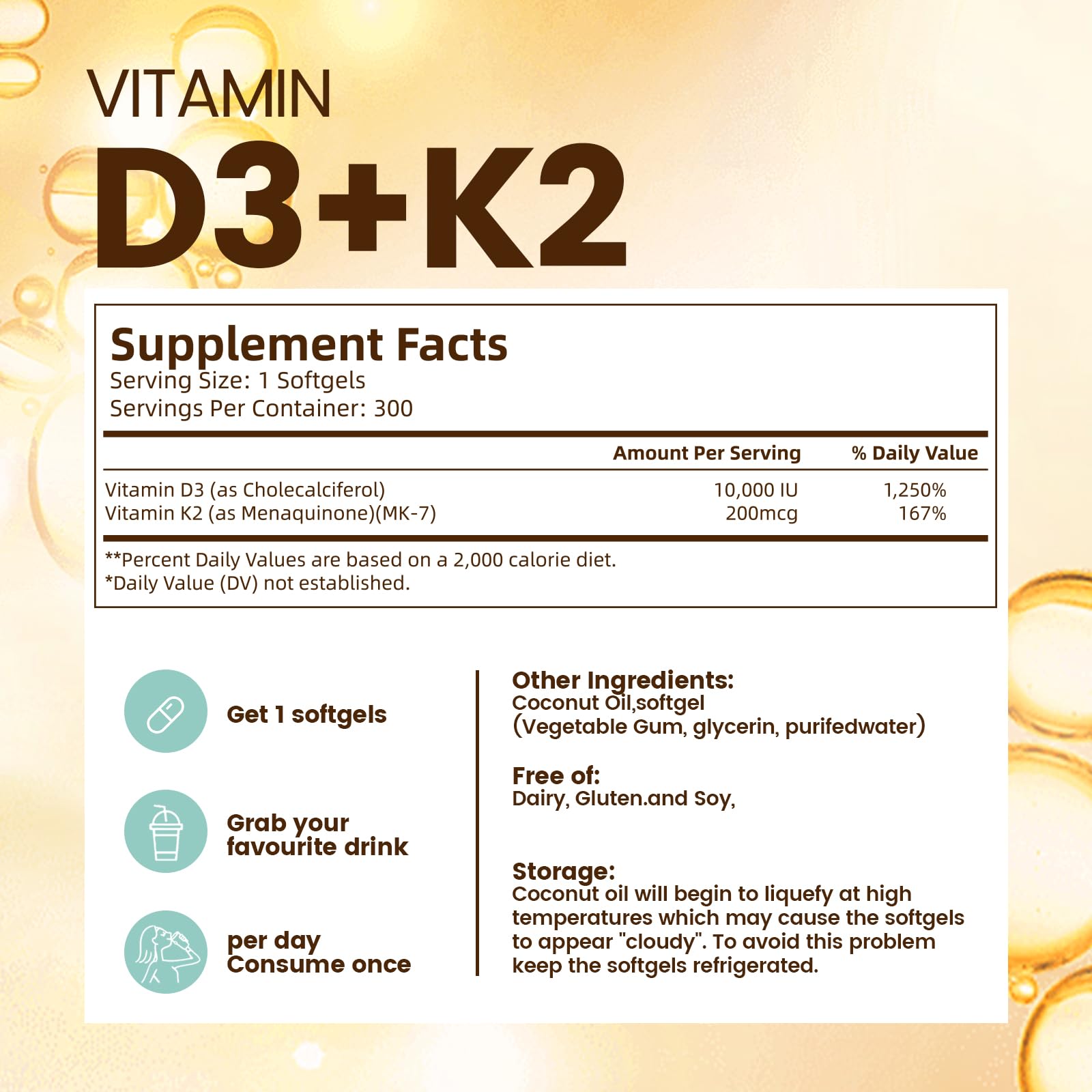 Vegan, non-GMO, cruelty-free D3 + K2 softgels