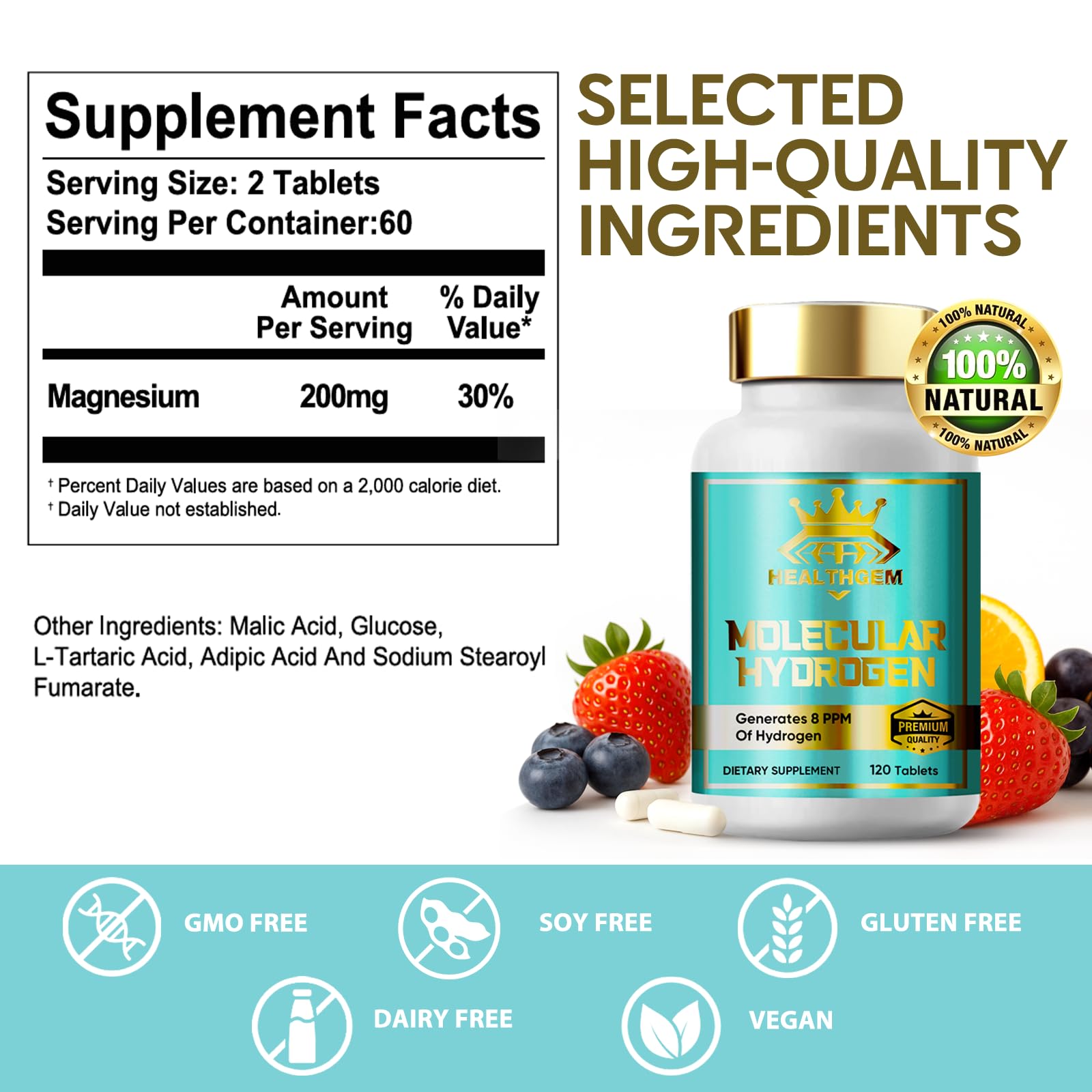 Non-GMO, vegan, gluten-free icons on packaging
