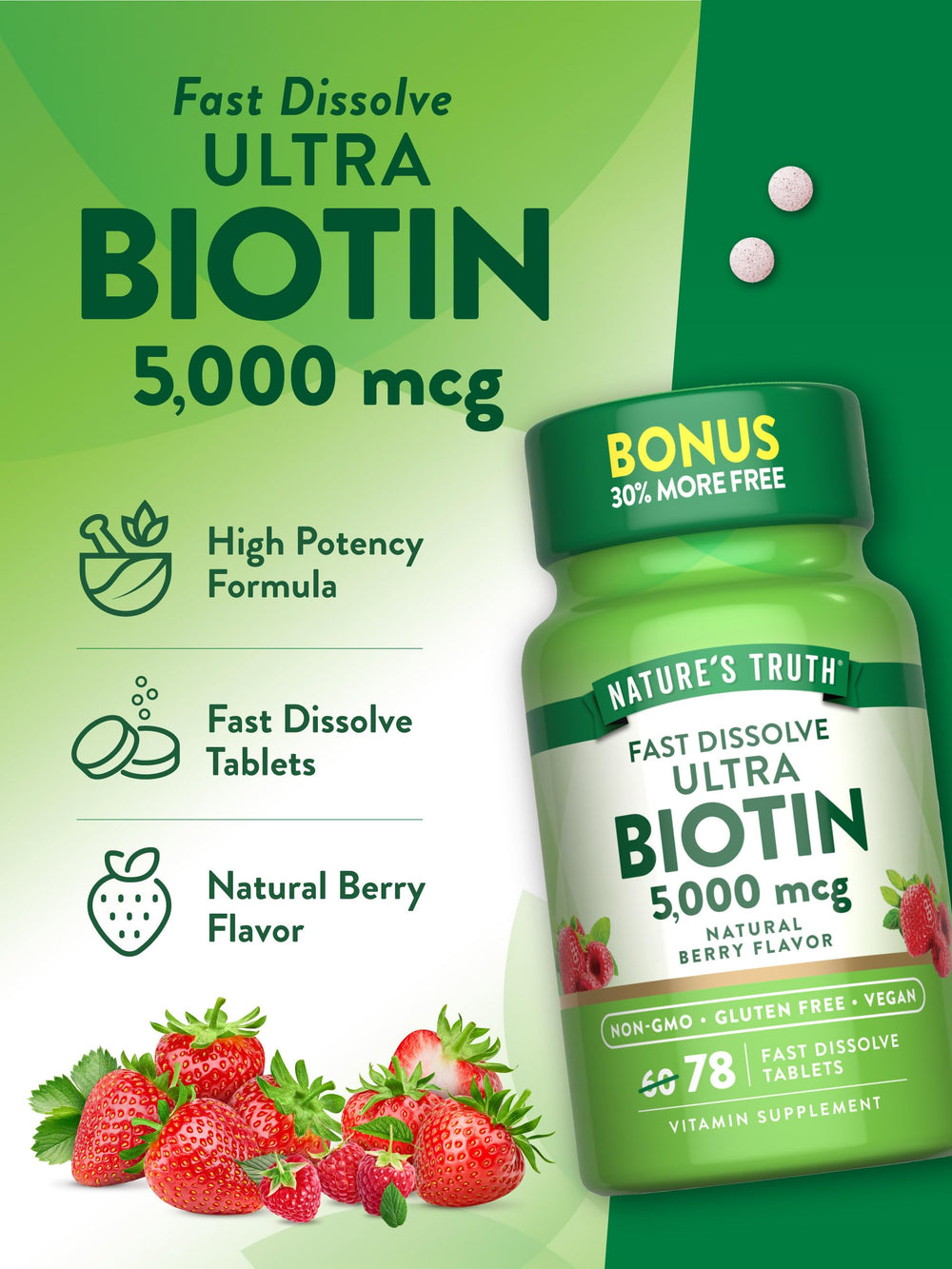 Vegan, Non-GMO, gluten-free icons for Nature's Truth Biotin