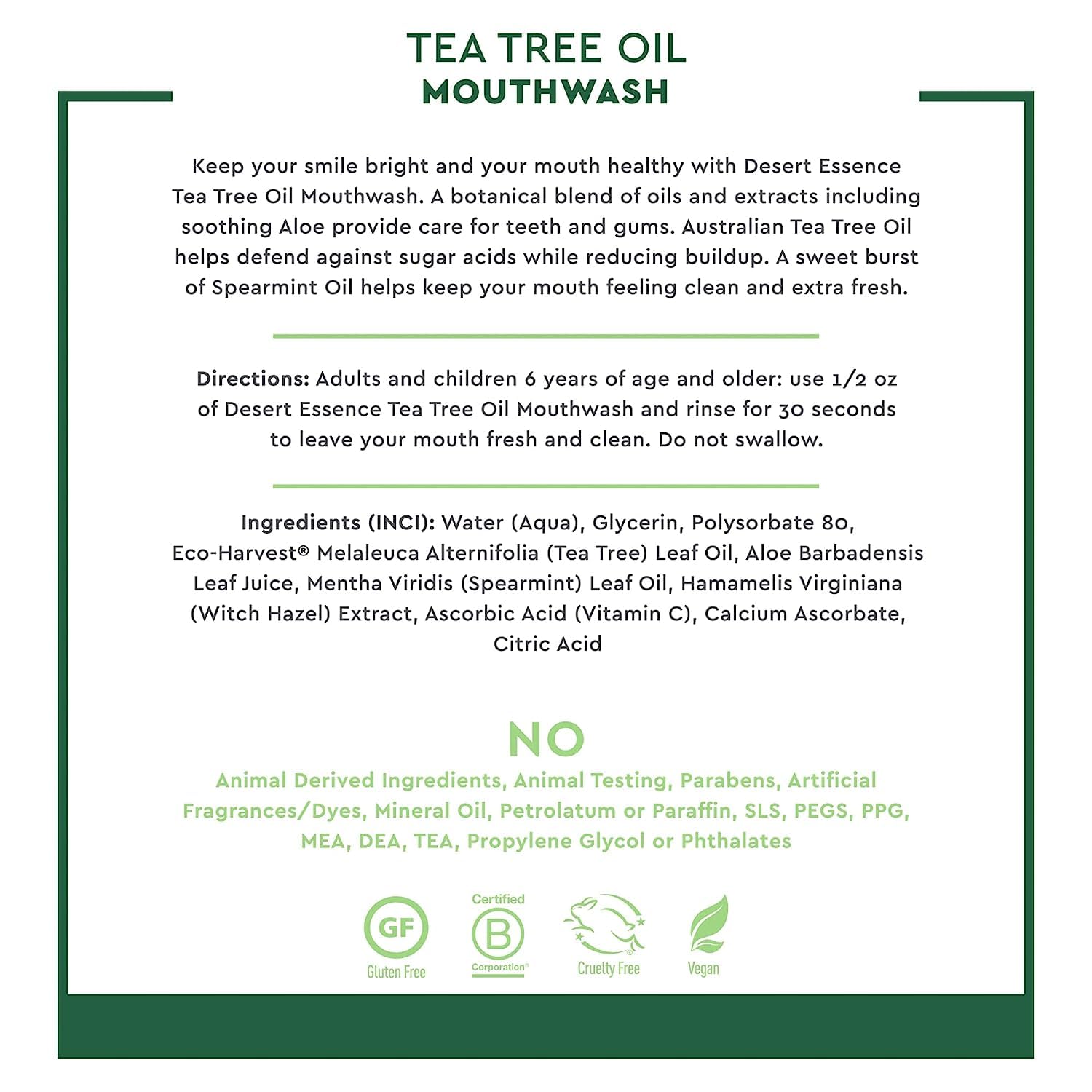 Vegan, Non-GMO, Gluten-Free labeling for Desert Essence mouthwash.