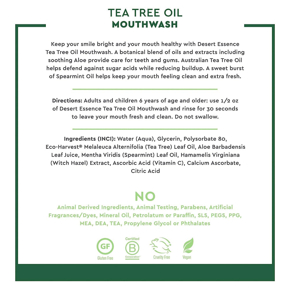 Vegan, Non-GMO, Gluten-Free labeling for Desert Essence mouthwash.