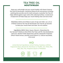 Vegan, Non-GMO, Gluten-Free labeling for Desert Essence mouthwash.