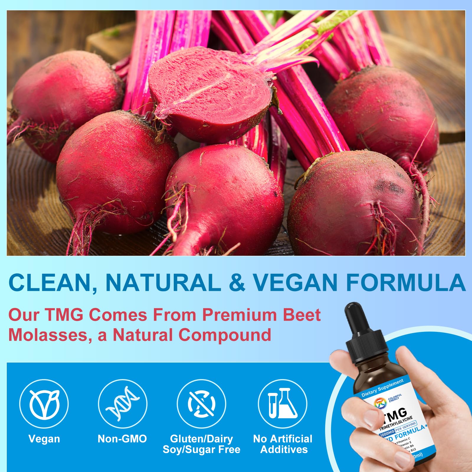 Vegan, Non-GMO, gluten-free label on TMG supplement
