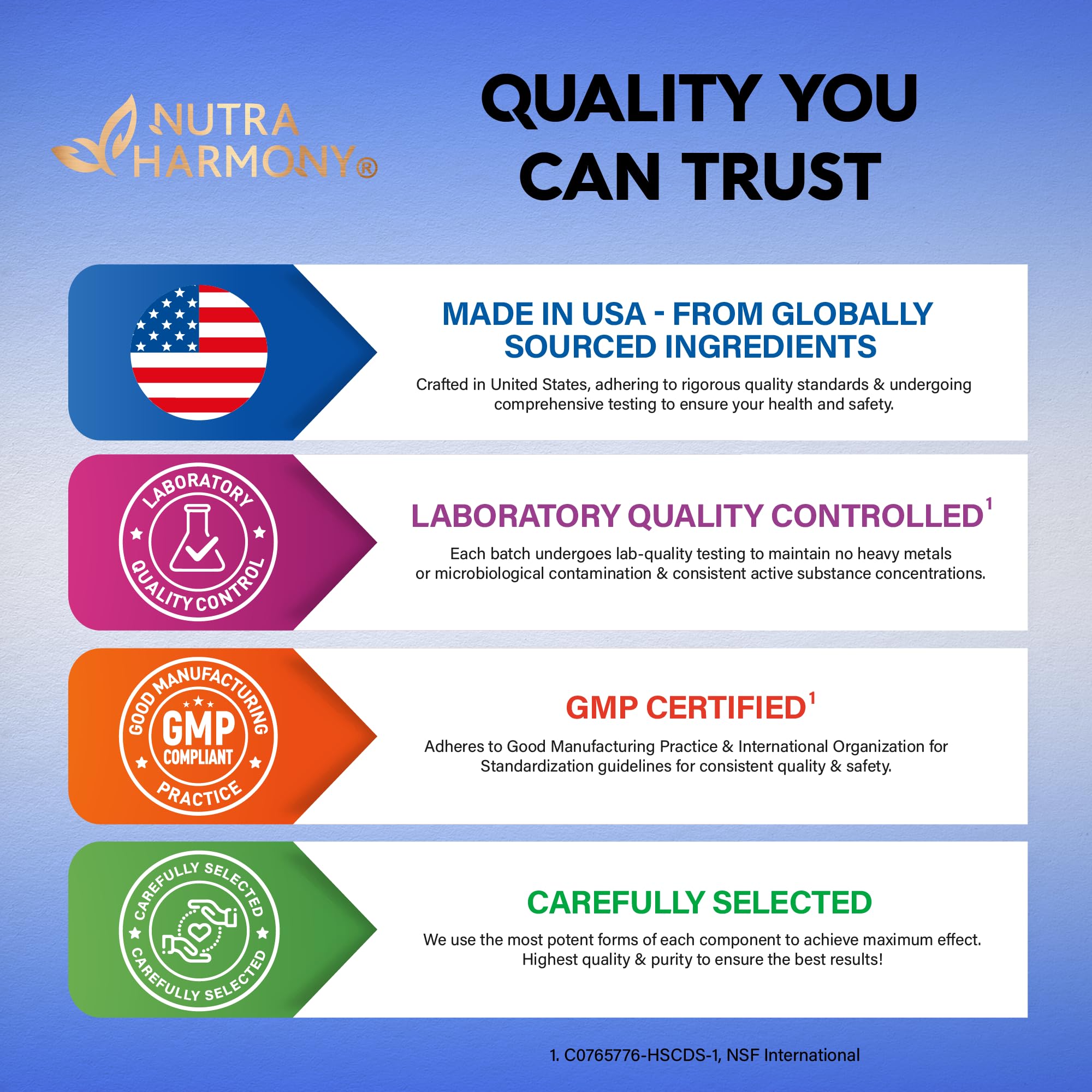 Vegan, Non-GMO, GMP-certified logos on packaging