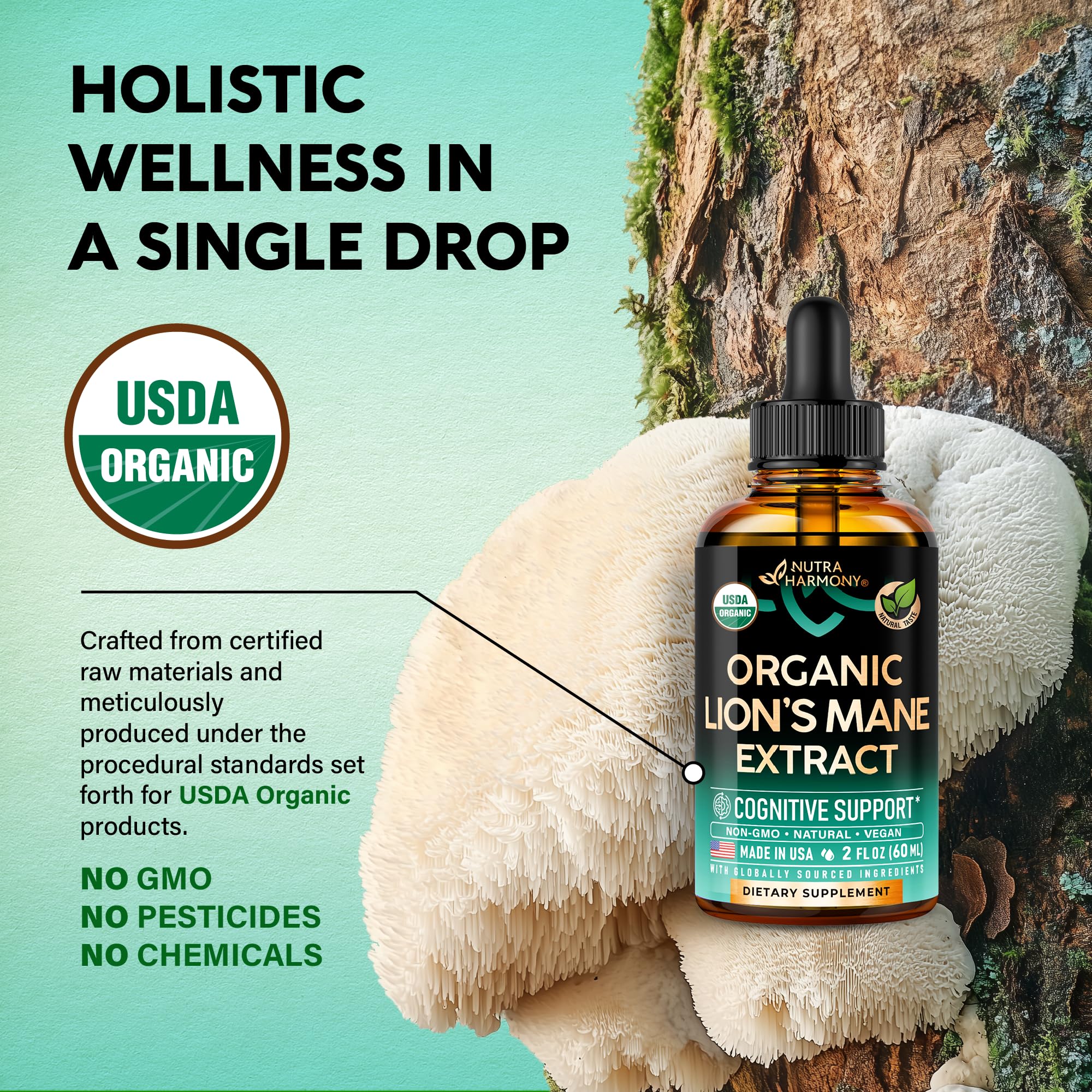 Vegan and Non-GMO labels on bottle