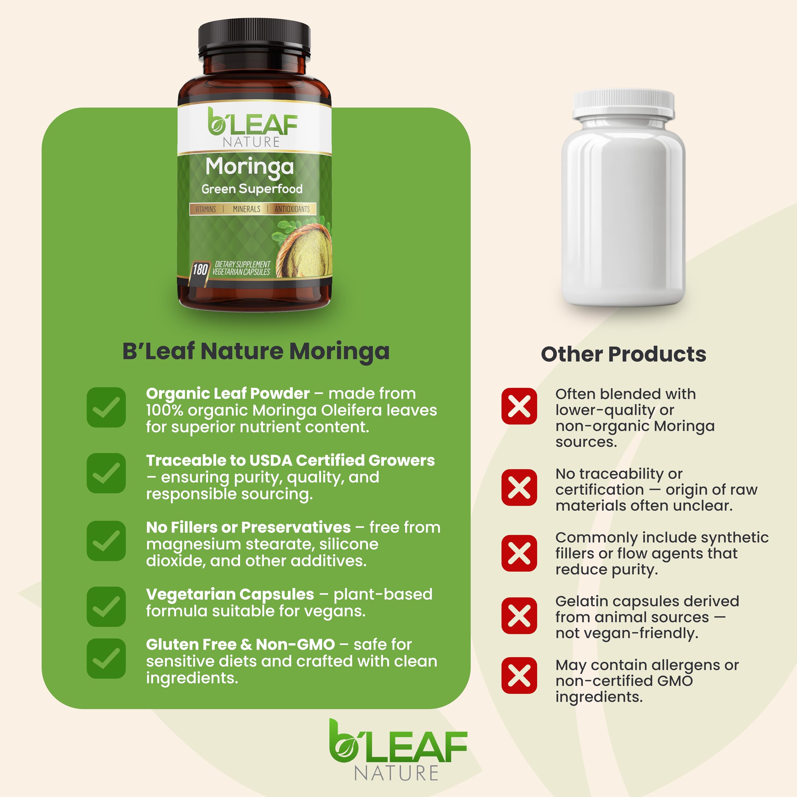 Vegan, non-GMO moringa packaging