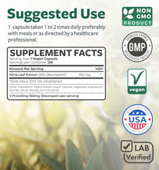 Vegetarian and Non-GMO olive leaf capsules ingredient panel