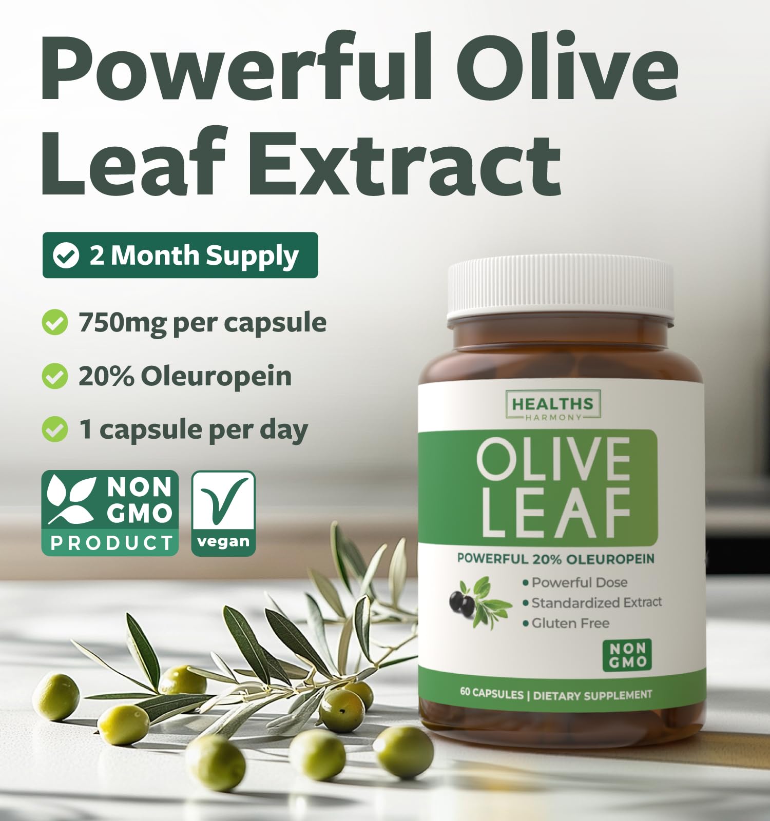 Vegan, non-GMO olive leaf capsules for wellness.