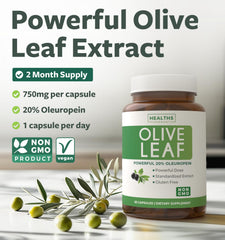 Vegan, non-GMO olive leaf capsules for wellness.