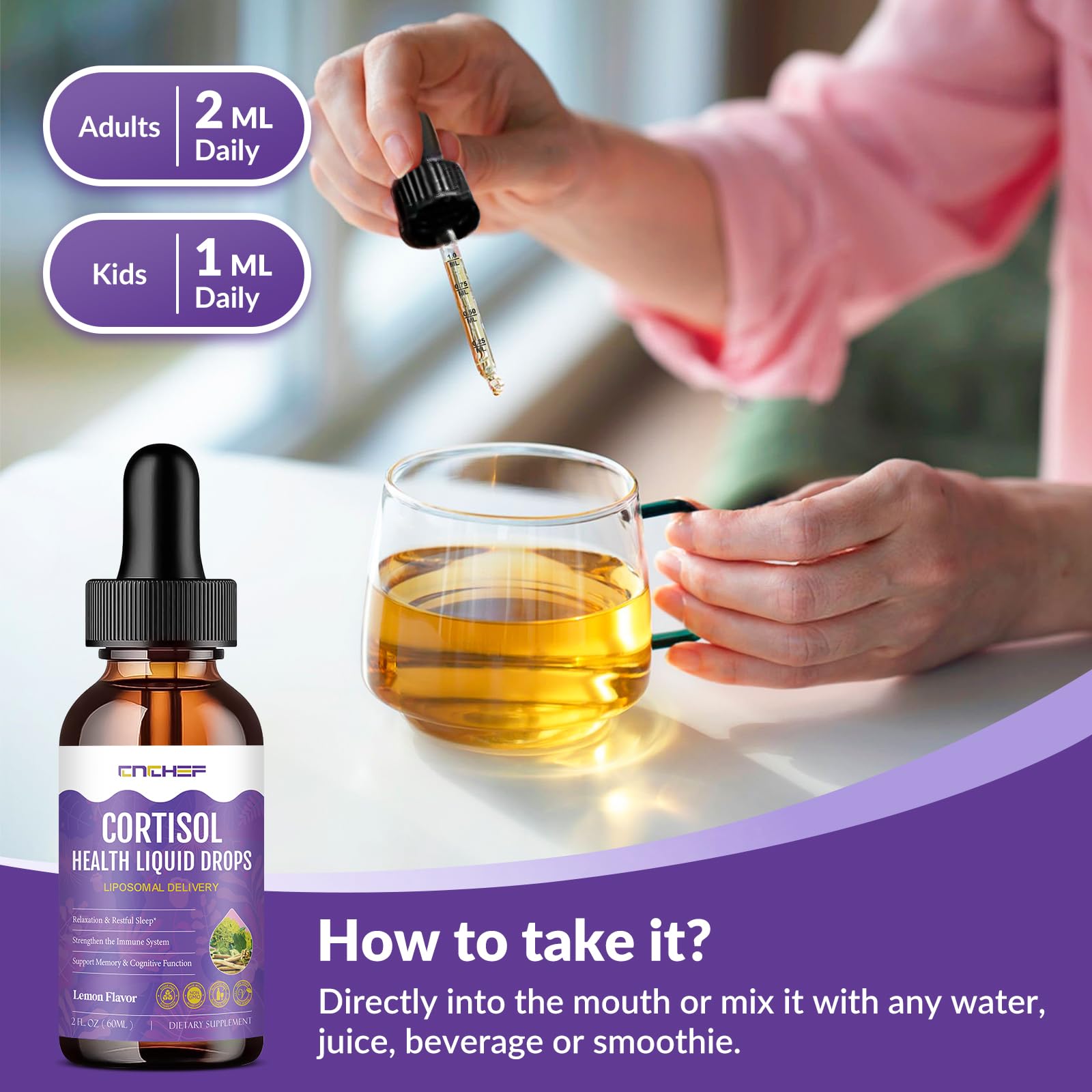 Vegan, non-GMO, sugar-free cortisol drops packaging