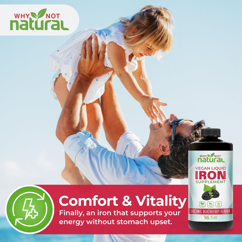 Sugar-free vegan iron supplement bottle with blackberry flavor.