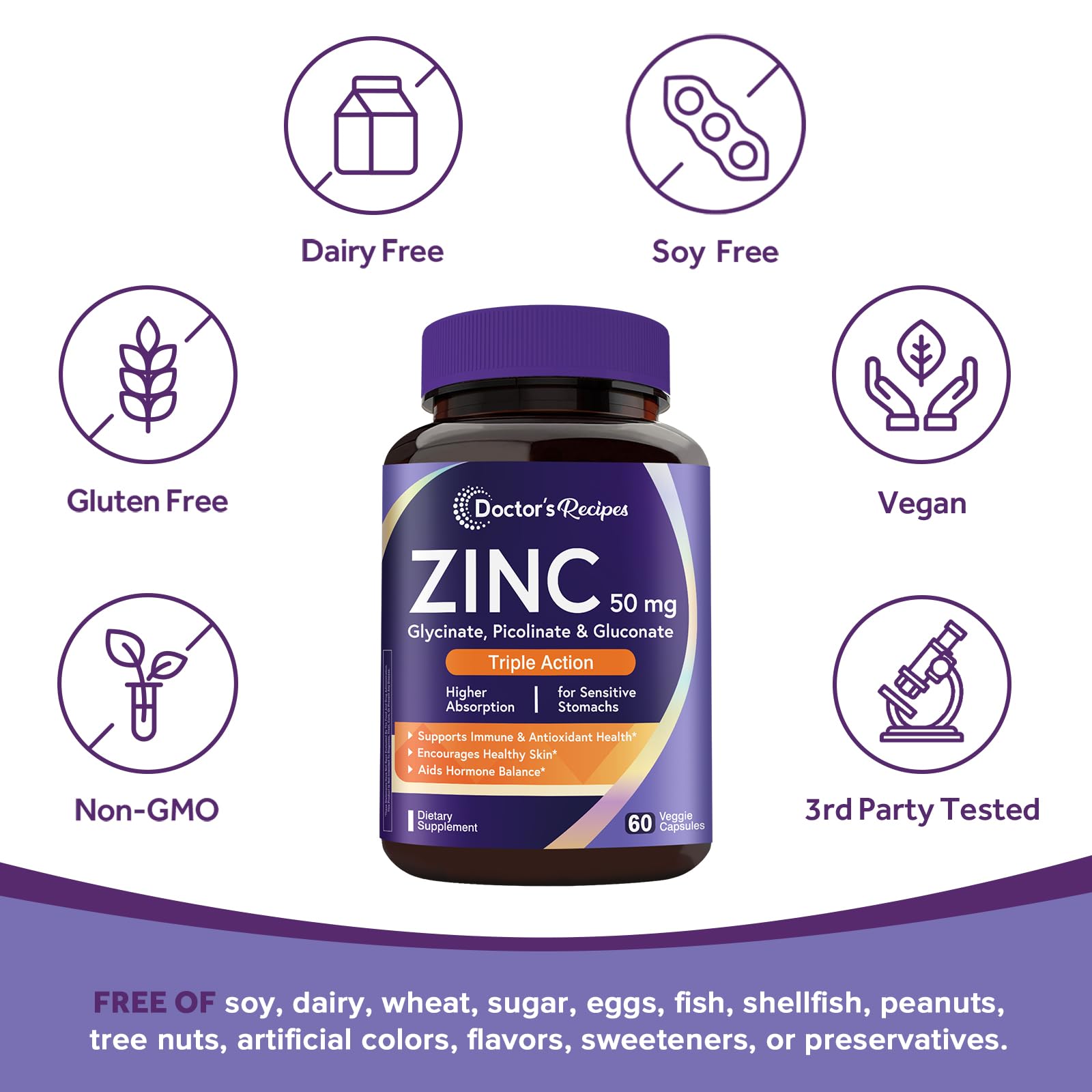 Vegan non-GMO zinc supplement label