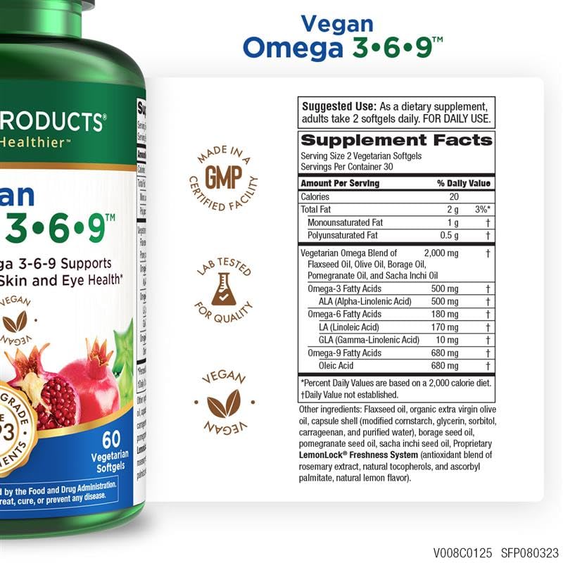 Plant-based Omega 3-6-9 ingredients: flaxseed oil, olive oil, borage oil, pomegranate oil, sacha inchi oil