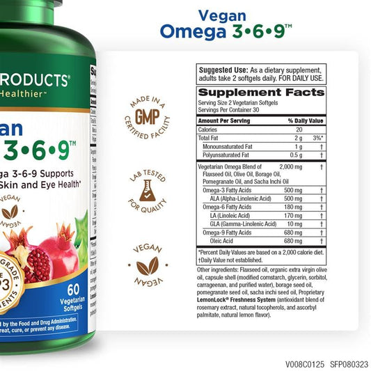 Plant-based Omega 3-6-9 ingredients: flaxseed oil, olive oil, borage oil, pomegranate oil, sacha inchi oil