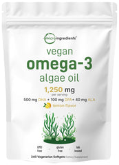 Front view of Micro Ingredients vegan omega-3 algae oil 240 softgels