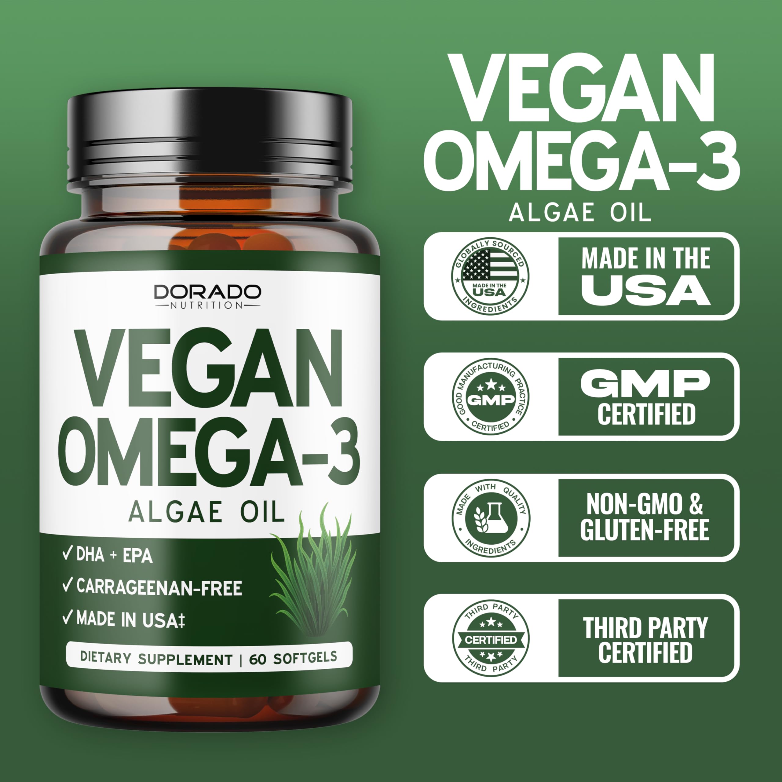 Product shot of vegan Omega-3 algae oil softgels