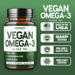 Product shot of vegan Omega-3 algae oil softgels