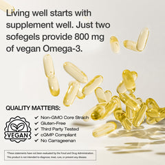 Label highlighting 800mg DHA per serving and vegan ingredients