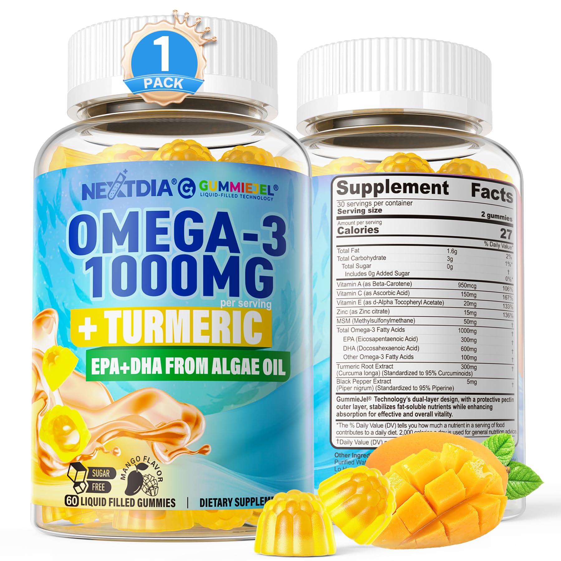 Front view of vegan omega-3 gummies turmeric bottle
