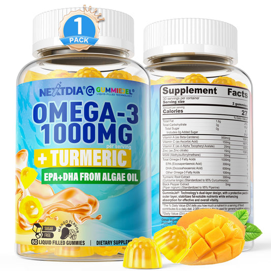 Front view of vegan omega-3 gummies turmeric bottle