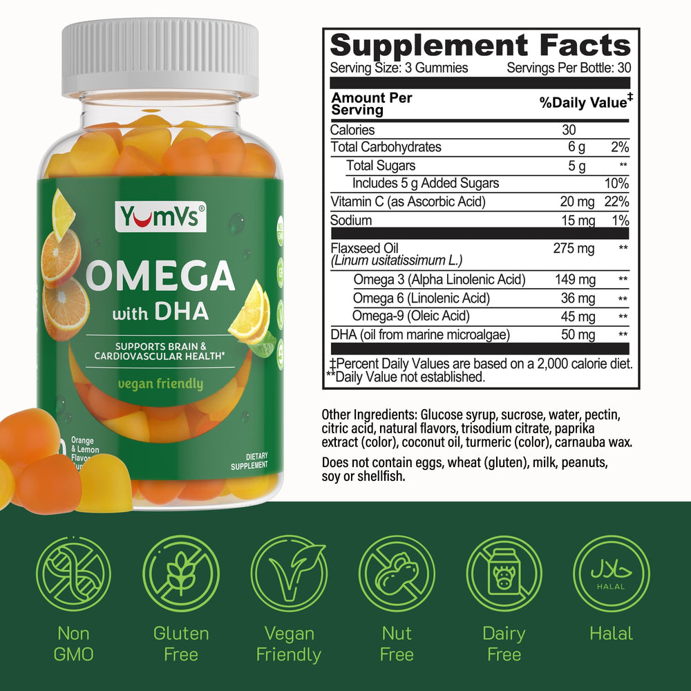 Ingredients panel featuring flaxseed oil and marine microalgae DHA