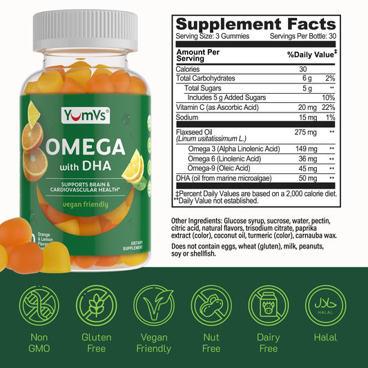 Ingredients panel featuring flaxseed oil and marine microalgae DHA
