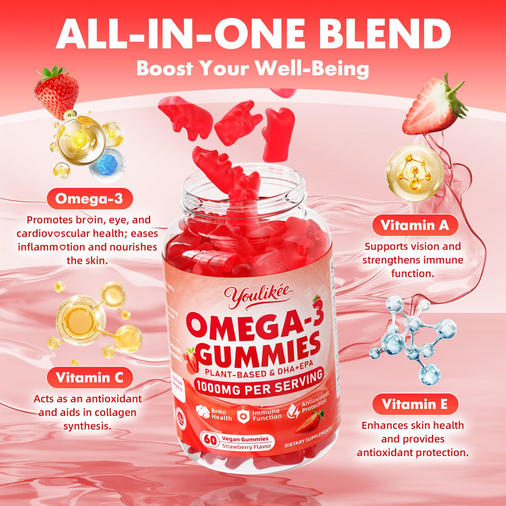 Strawberry flavor vegan omega-3 gummies close-up